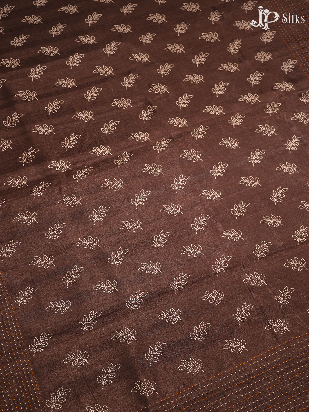 Coffee Brown Leaf Motif Semi Chanderi Fancy Saree - E3241 - View 3