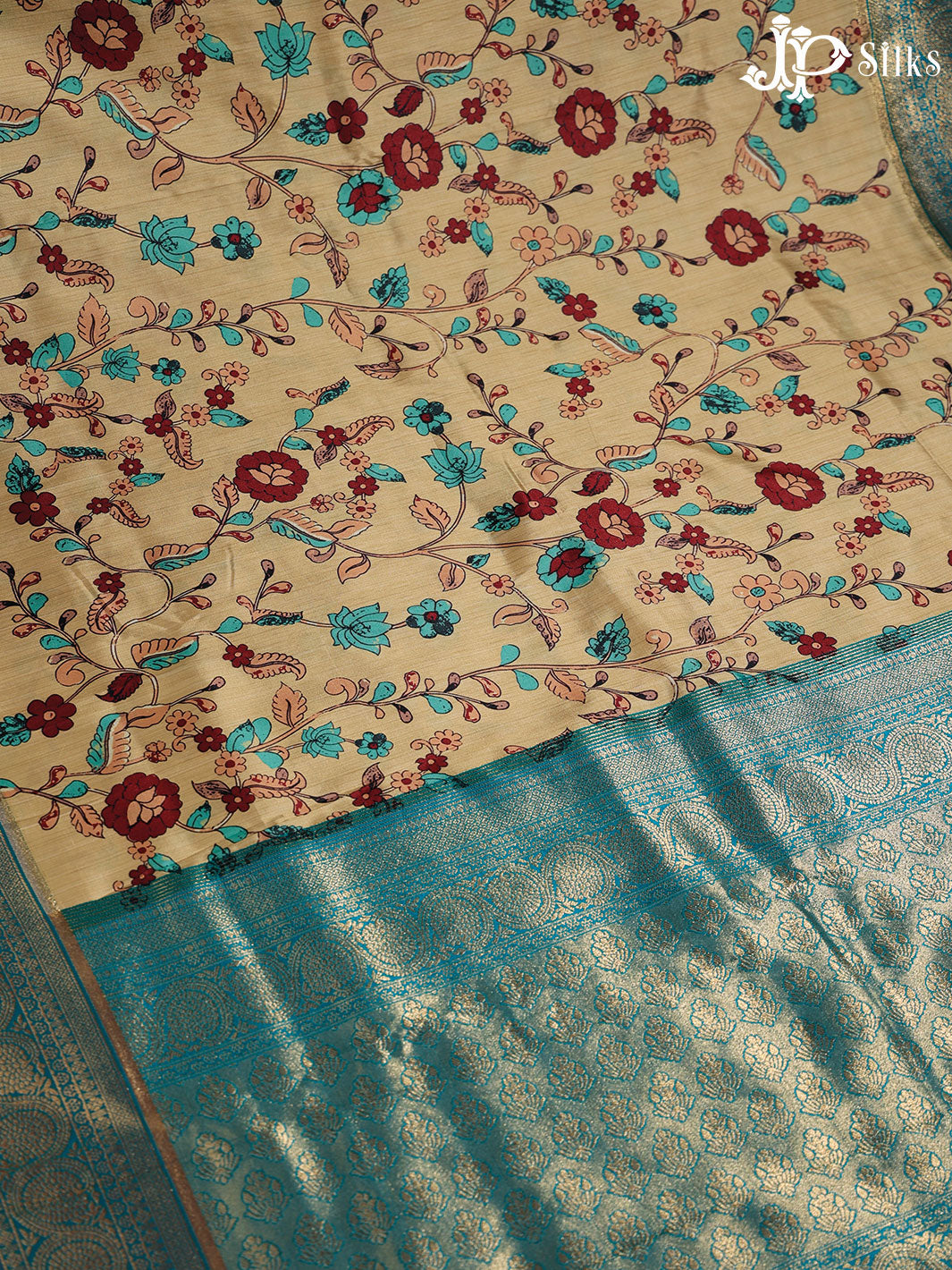 Beige and Teal Blue Semi banaras with Digital Prints Fancy Sarees -  E3998 - View 3