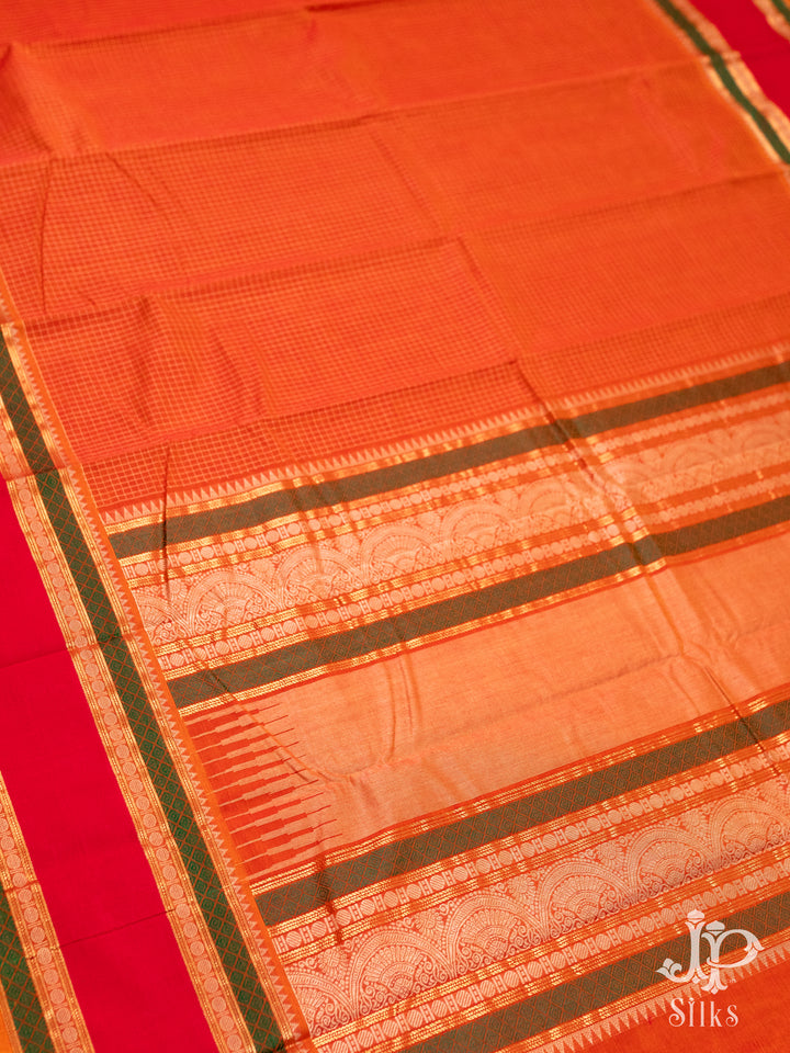 Orange, Green and Red Kanchi Cotton Saree - D9737 - View 3
