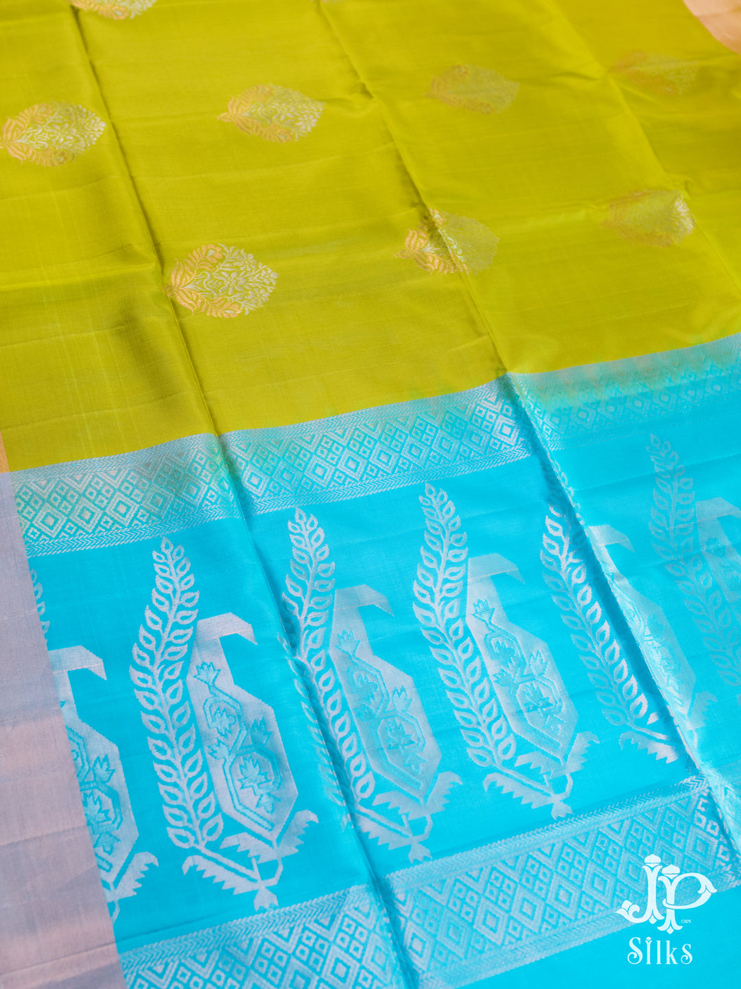 Olive Green and Sky Blue Soft Silk Saree - D6155- VIew 3