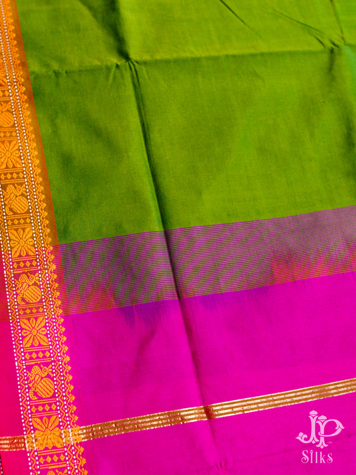 Parrot Green, Pink and Mustard Poly Cotton Saree - D8277 -view 4