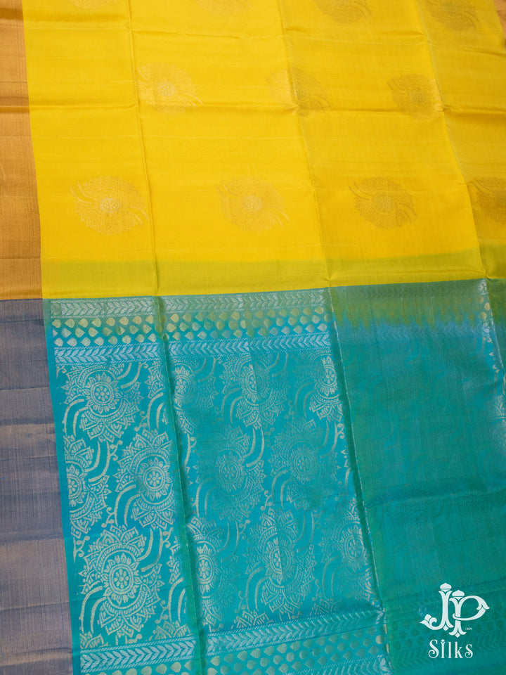 Yellow and Teal Blue Soft Silk Saree - D5940 - View 3