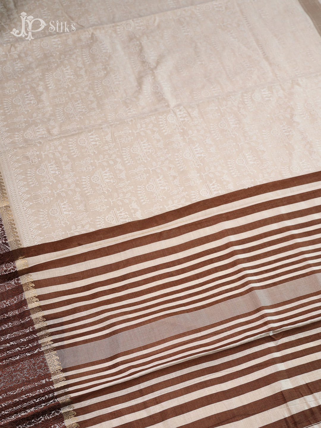 White and Brown Semi Raw Silk Fancy Saree - E697 - View 3