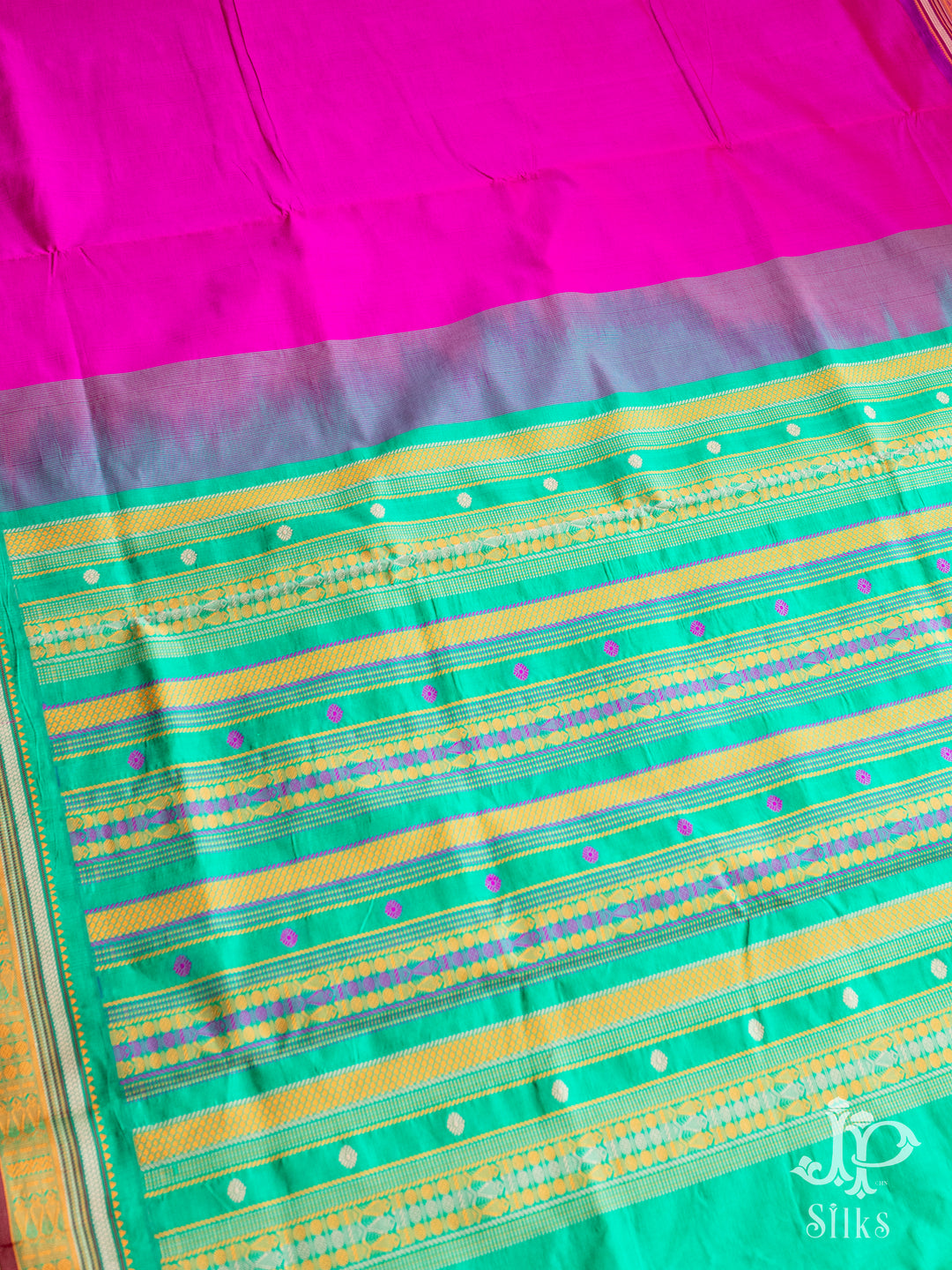Pink and Turquoise Green Poly Cotton Saree - D1159 - view 4
