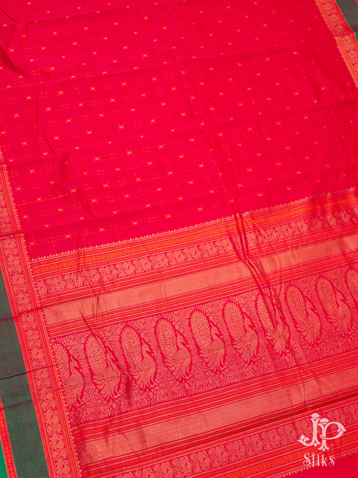Reddish Pink and Green Kanchi Cotton Saree - D9728 - VIew 3