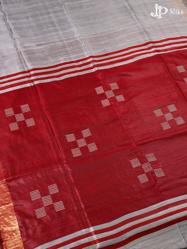 Red and Grey Tussar Silk Saree - E36 - View 5
