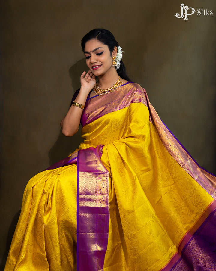 Yellow with Purple Bridal Kanchipuram Silk Saree - E5001