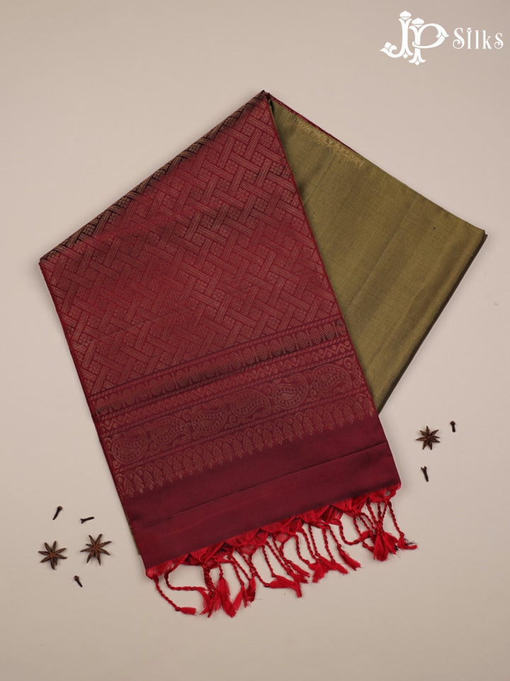 Mehandi Green and Maroon Soft Silk Saree - E5087 - View 1