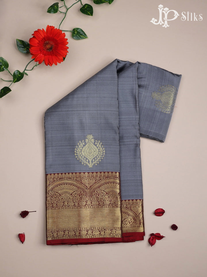 Ash and Maroon Kanchipuram Silk Saree - A1357