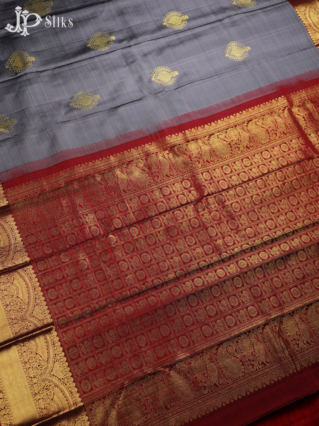 Ash and Maroon Kanchipuram Silk Saree - A1357