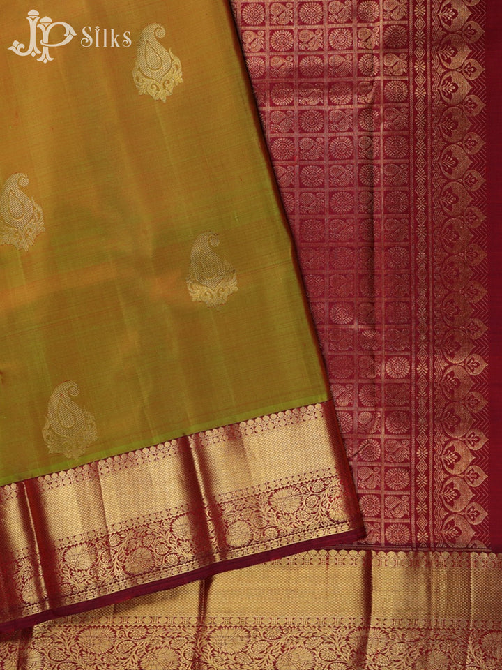 Mustard Green Dual Tone and Maroon Kanchipuram Silk Saree - D63