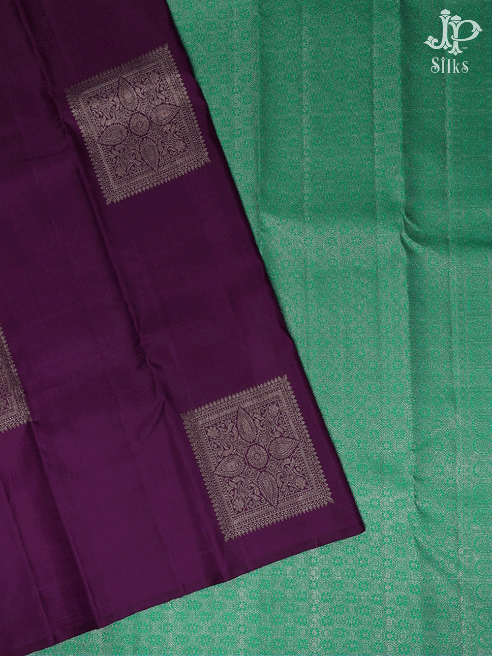 Burgundy and Teal Green Borderless Square Buttas Kanchipuram Silk Saree - F8 - View 1