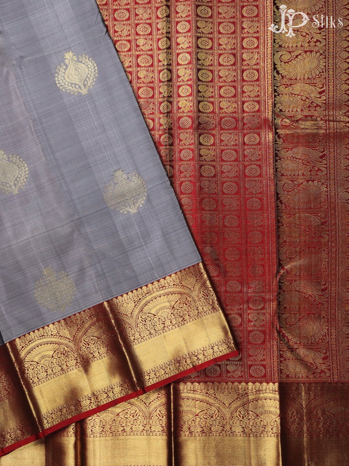 Ash and Maroon Kanchipuram Silk Saree - A1357