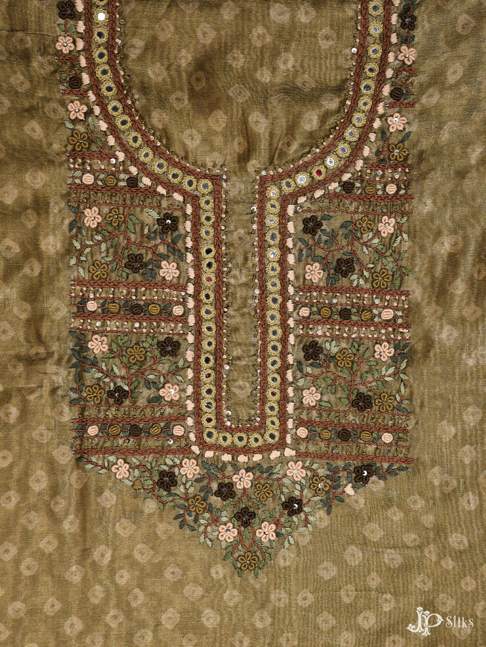 Green Semi Chanderi Unstiched Chudidhar Material - E1474 - View 4