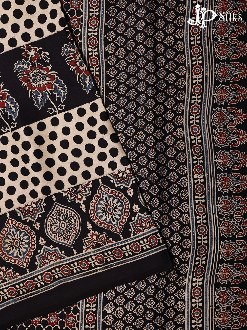 Black , White and Maroon Ajrakh Printed Modal Silk Fancy Saree - E4570 - View 1