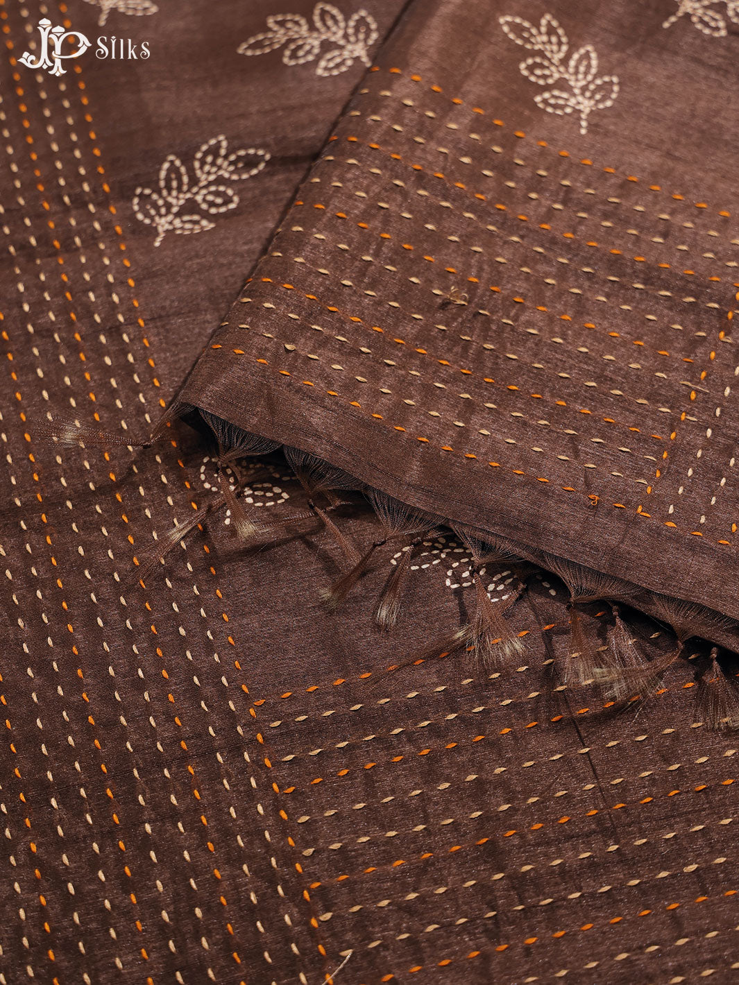 Coffee Brown Leaf Motif Semi Chanderi Fancy Saree - E3241 - View 4