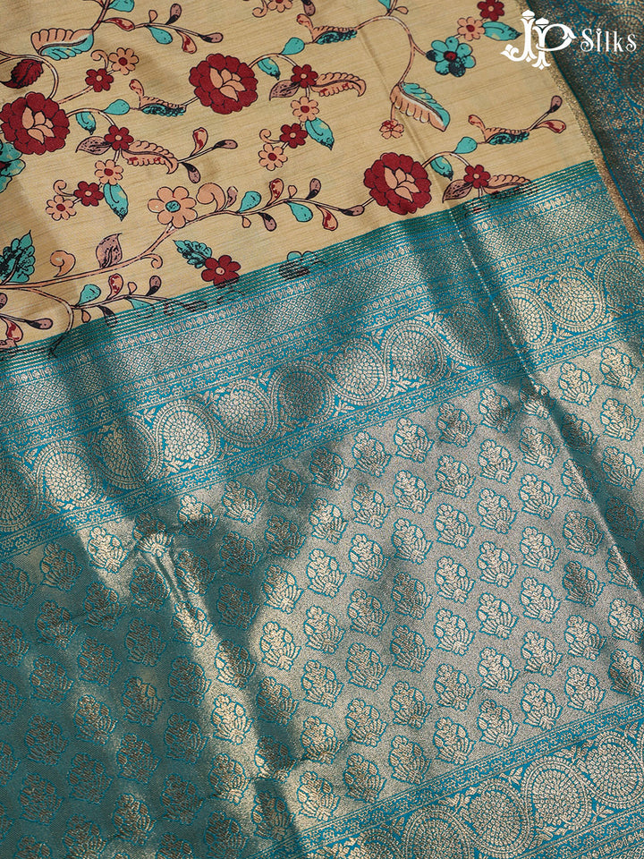Beige and Teal Blue Semi banaras with Digital Prints Fancy Sarees -  E3998 - View 4