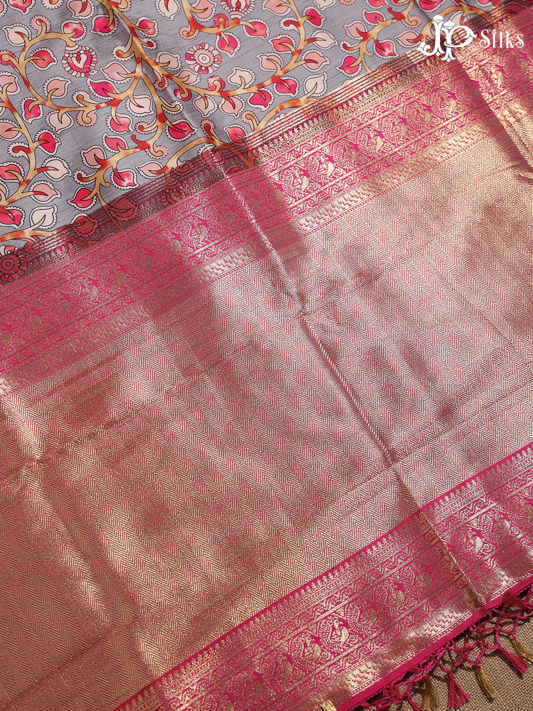 Grey and Hot Pink Semi banaras with Digital Prints Fancy Sarees - E4002 - View 3