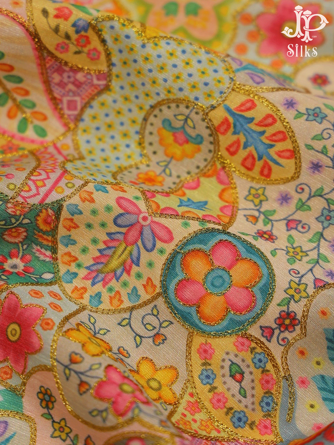 Multicolour Floral Design Semi Raw Silk Fabric - E4203