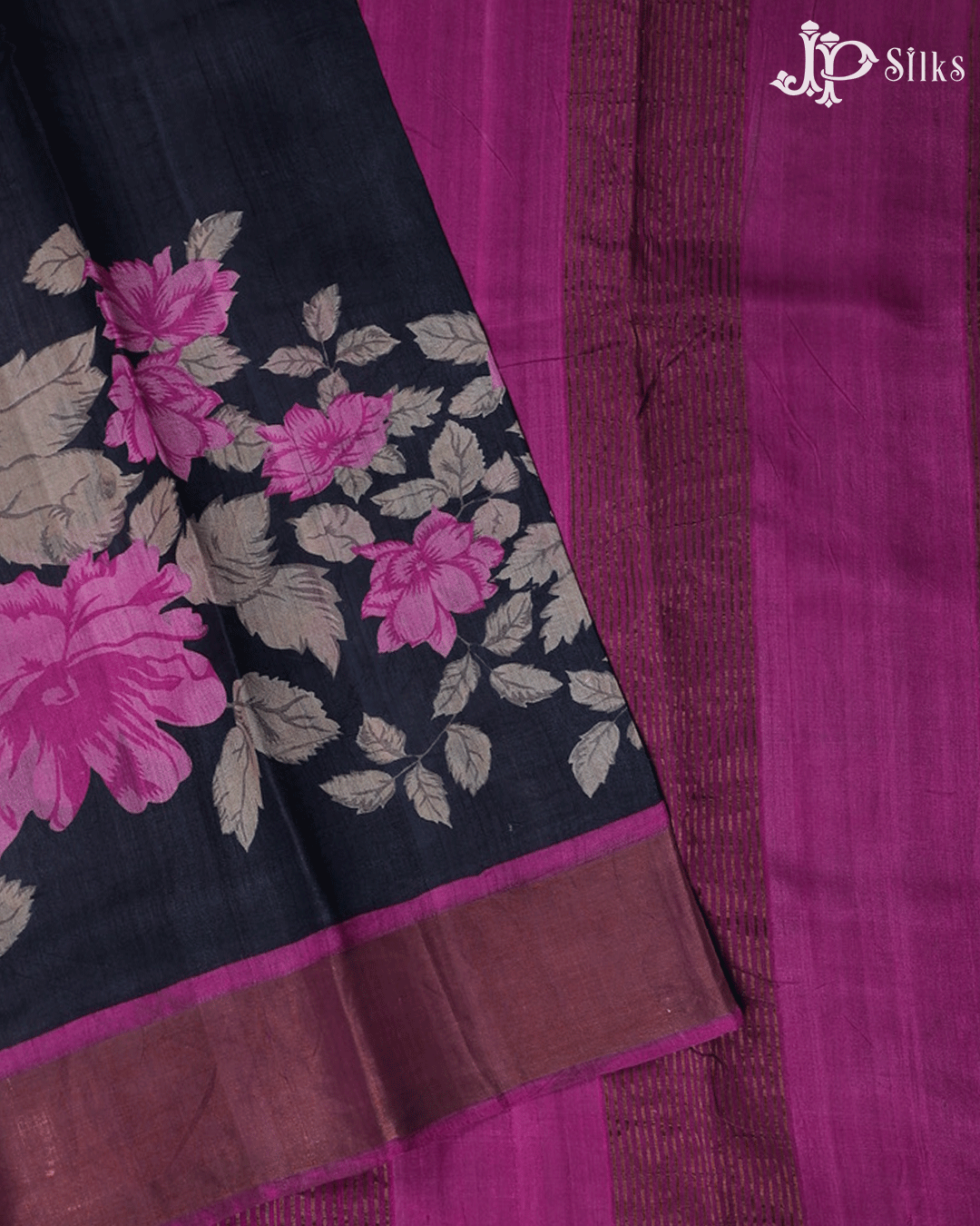 Black Floral Tussar Silk - E6588 - View 1