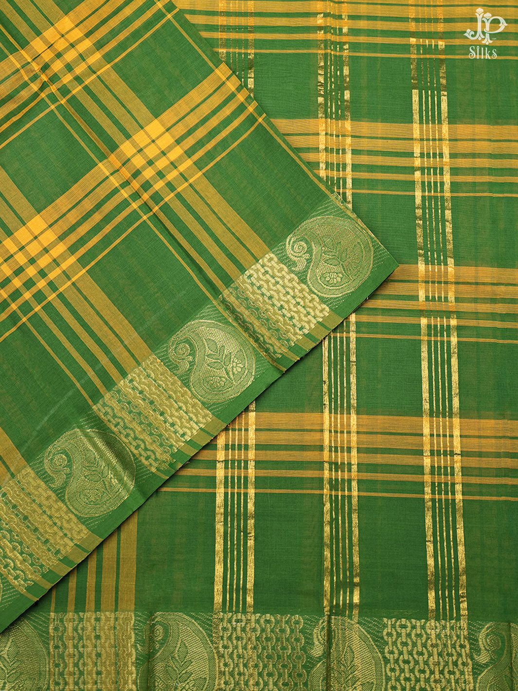 Green and Yellow Cotton Saree - D2542 - View 4