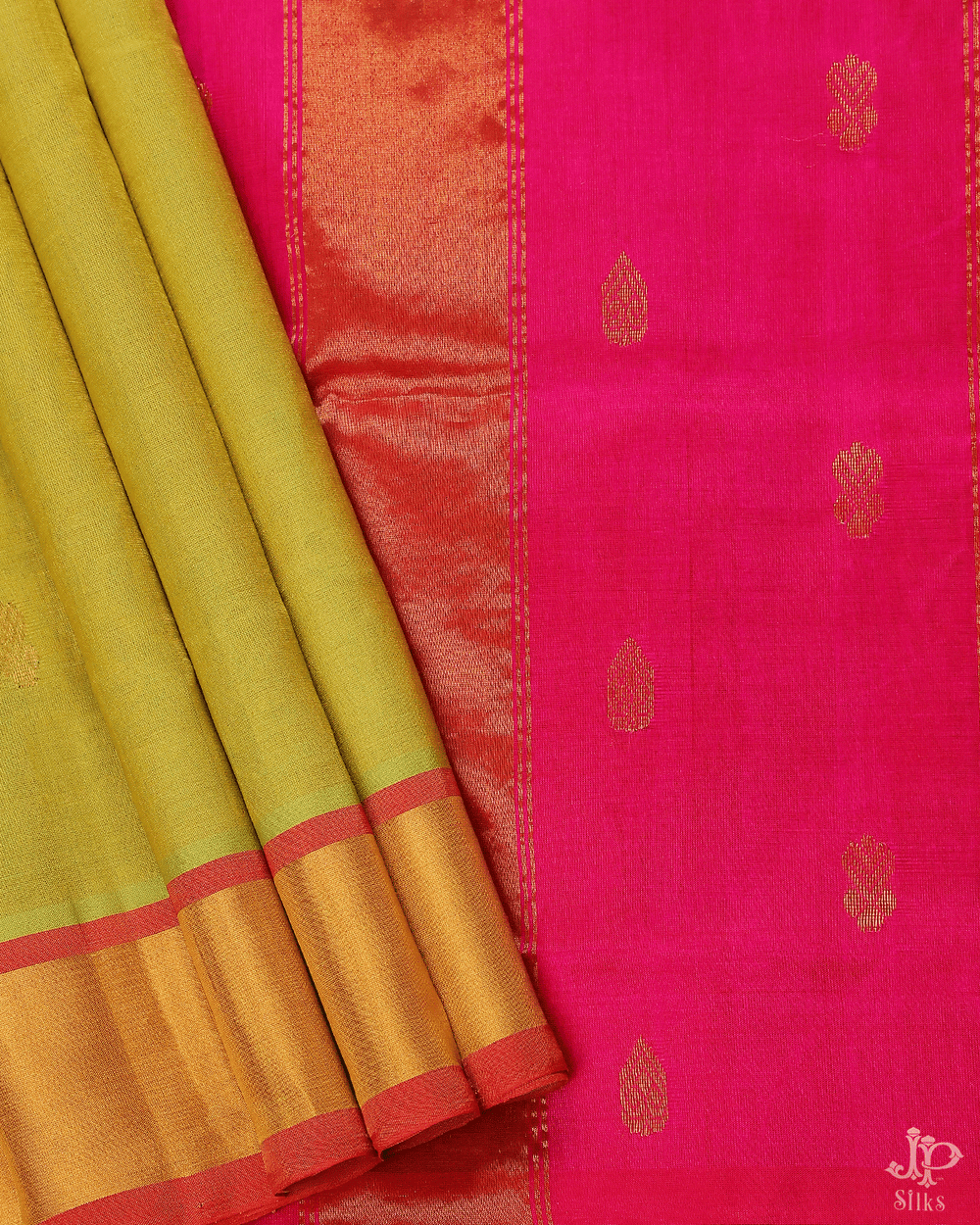Mehendi Green and Pink Silk Cotton Saree - D8199 - View 2