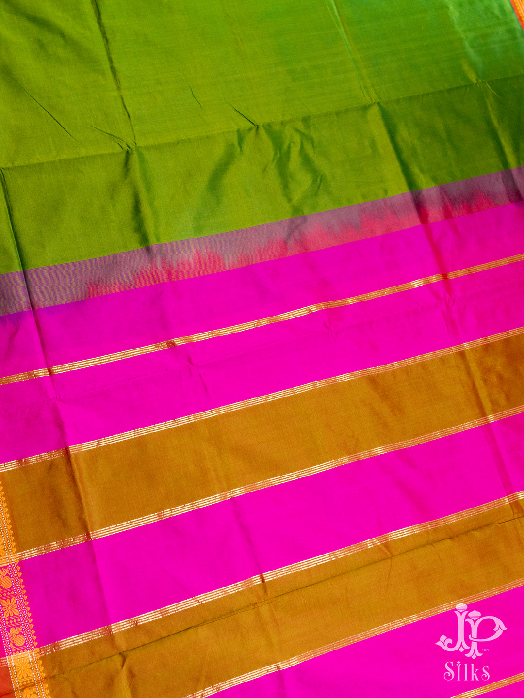 Parrot Green, Pink and Mustard Poly Cotton Saree - D8277 -view 2