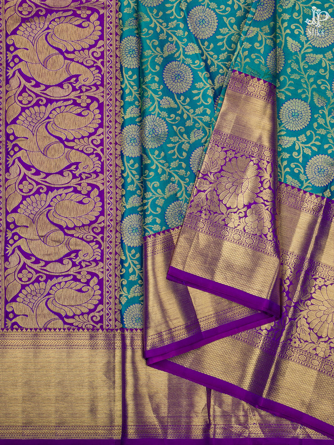 Teal Blue and Purple Kanchipuram Silk Saree - D1070 - View 5