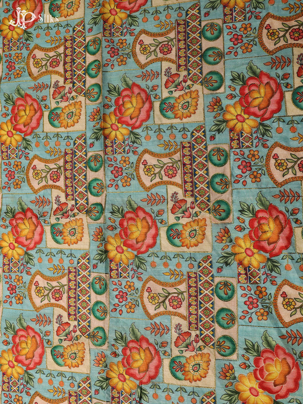 Multicolor Digital Printed Semi Raw Silk Fabric - E4196 - View 1
