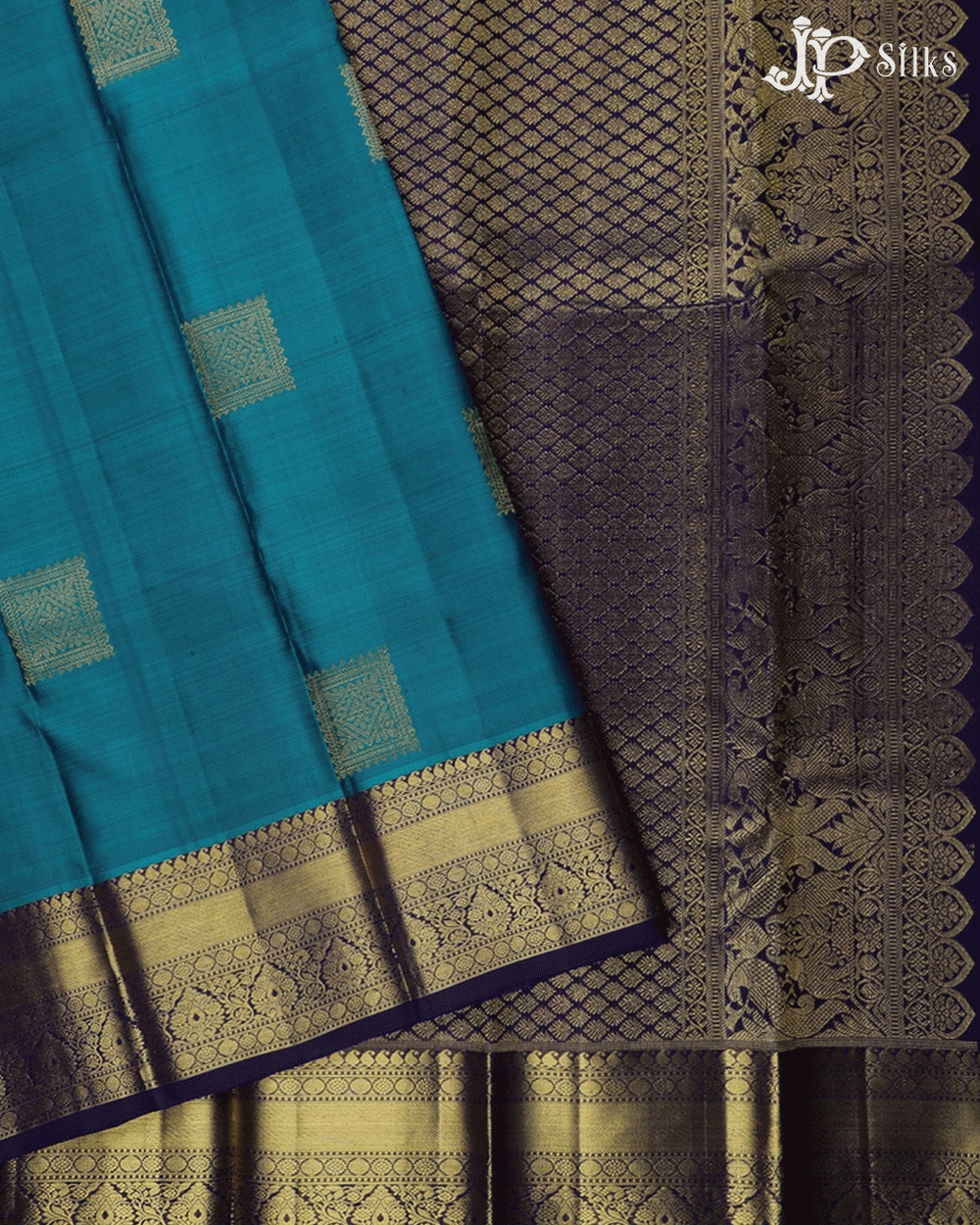 Peacock Blue Square Motif Kanchipuram Silk Saree - E4705 - View 1