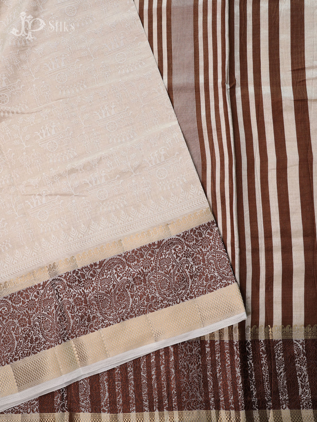 White and Brown Semi Raw Silk Fancy Saree - E697 - View 4