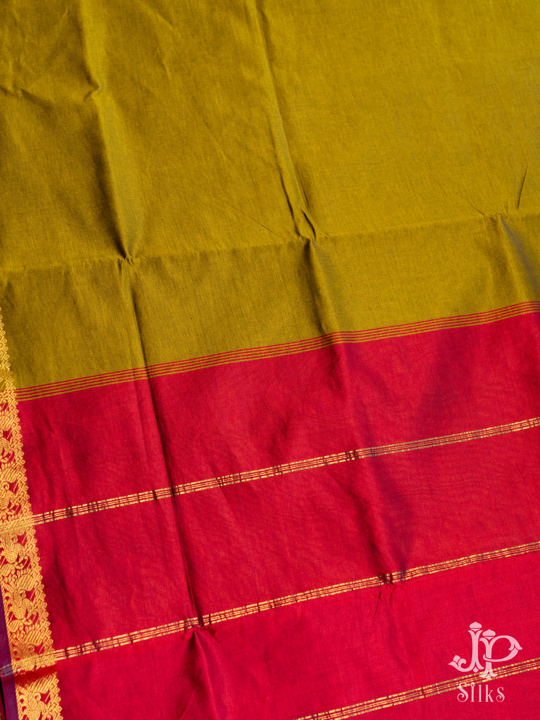 Olive Green and  Pink Poly Cotton Saree - D8271 -2