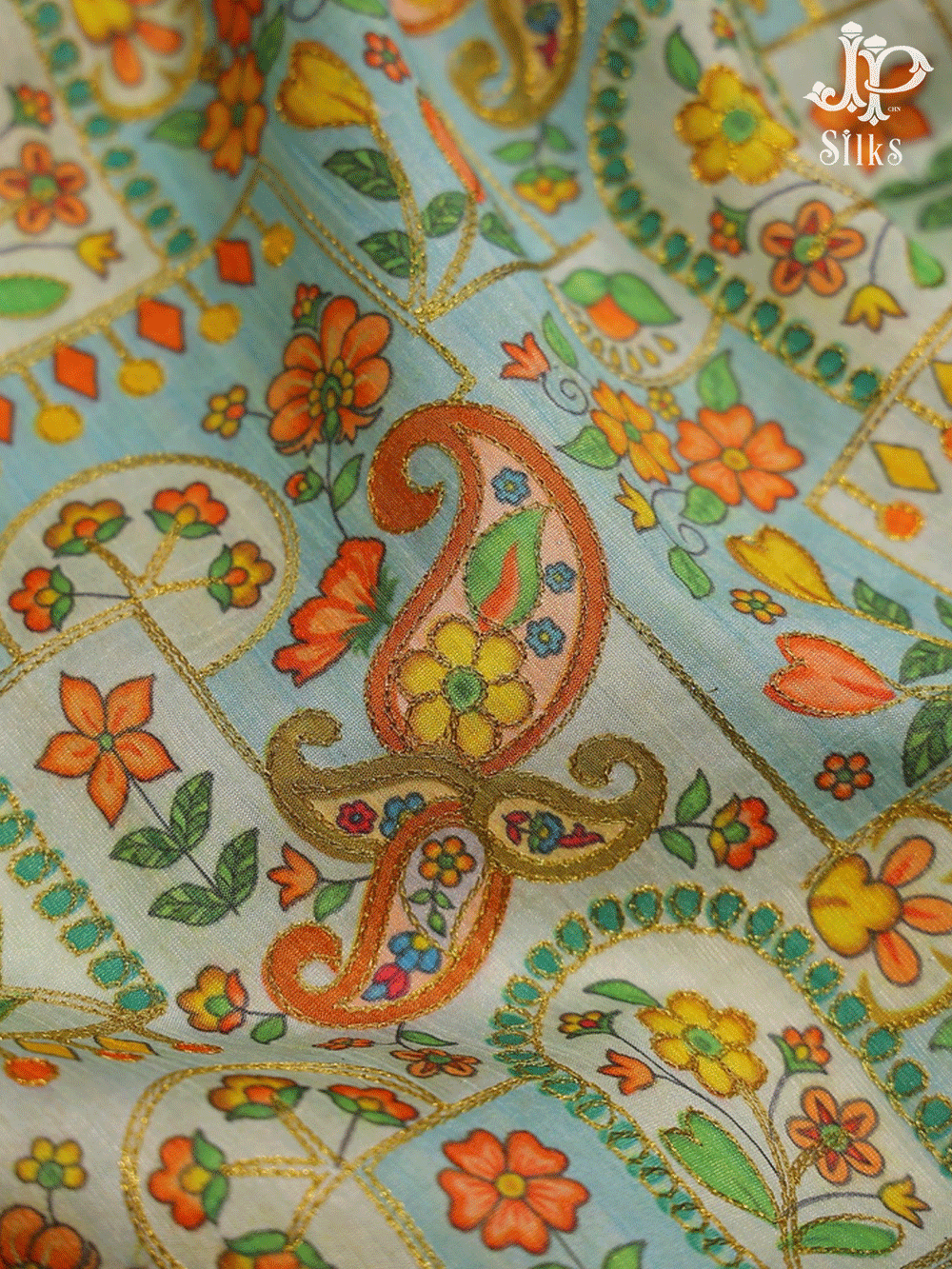 Multicolour Floral Design Semi Raw Silk Fabric - E4201 - View 1