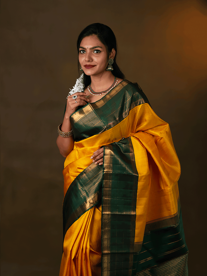 Lemon Yellow and Bottle Green Kanchipuram Silk Saree - E5215