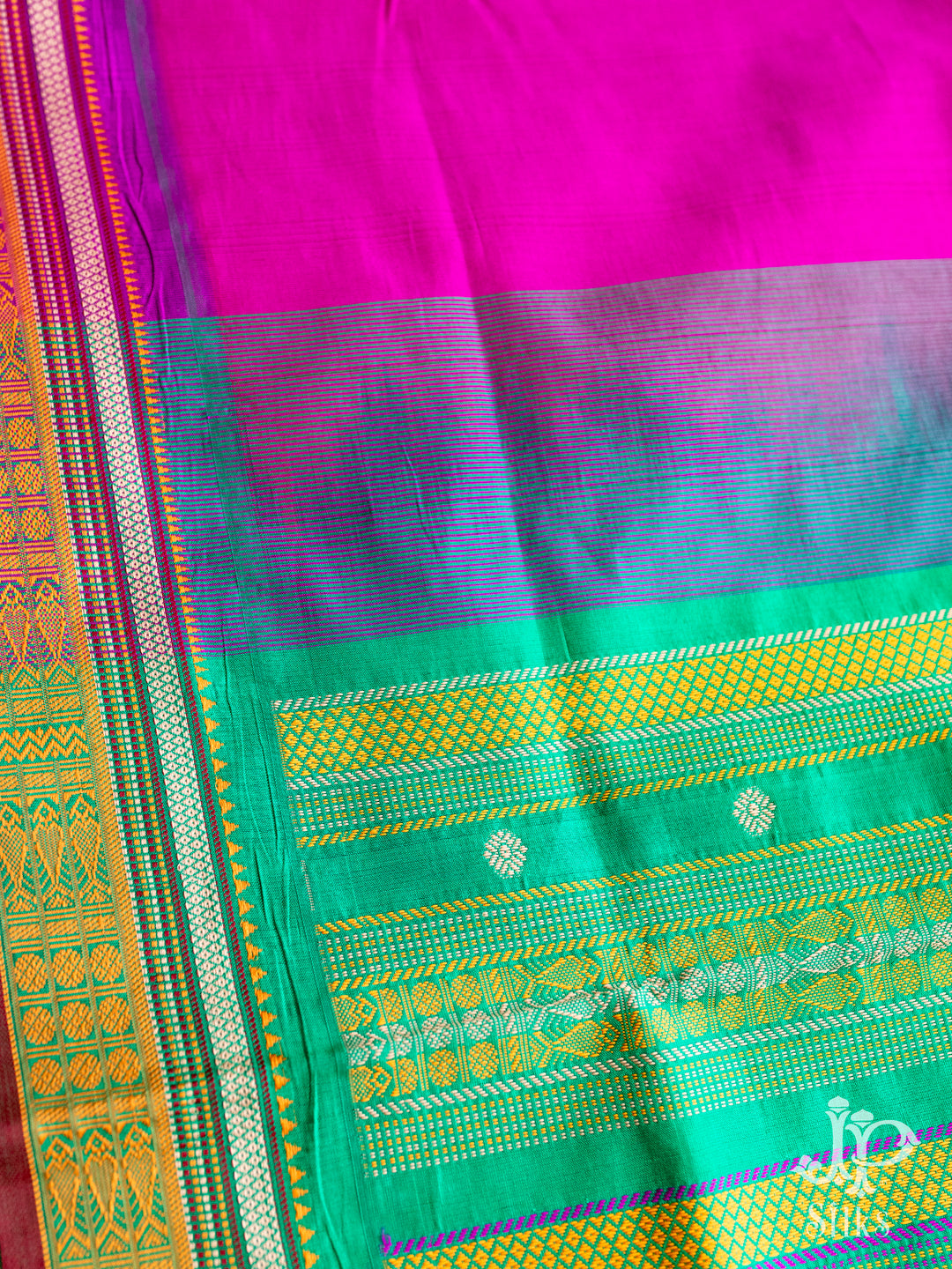 Pink and Turquoise Green Poly Cotton Saree - D1159 - View 5