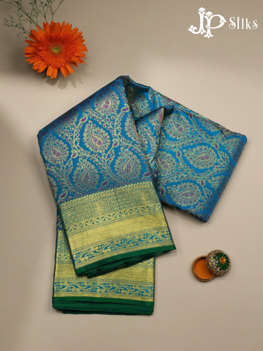 Teal Green with Green Kanchipuram Silk Saree - C1954 - View 1