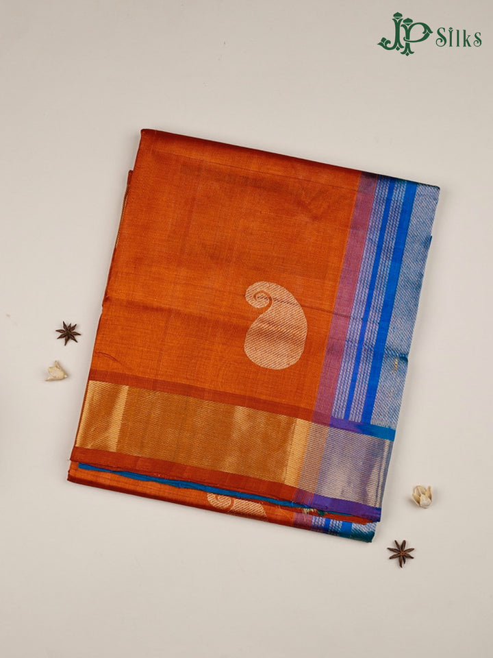 Orange And Teal Blue Silk Cotton Saree - F3513