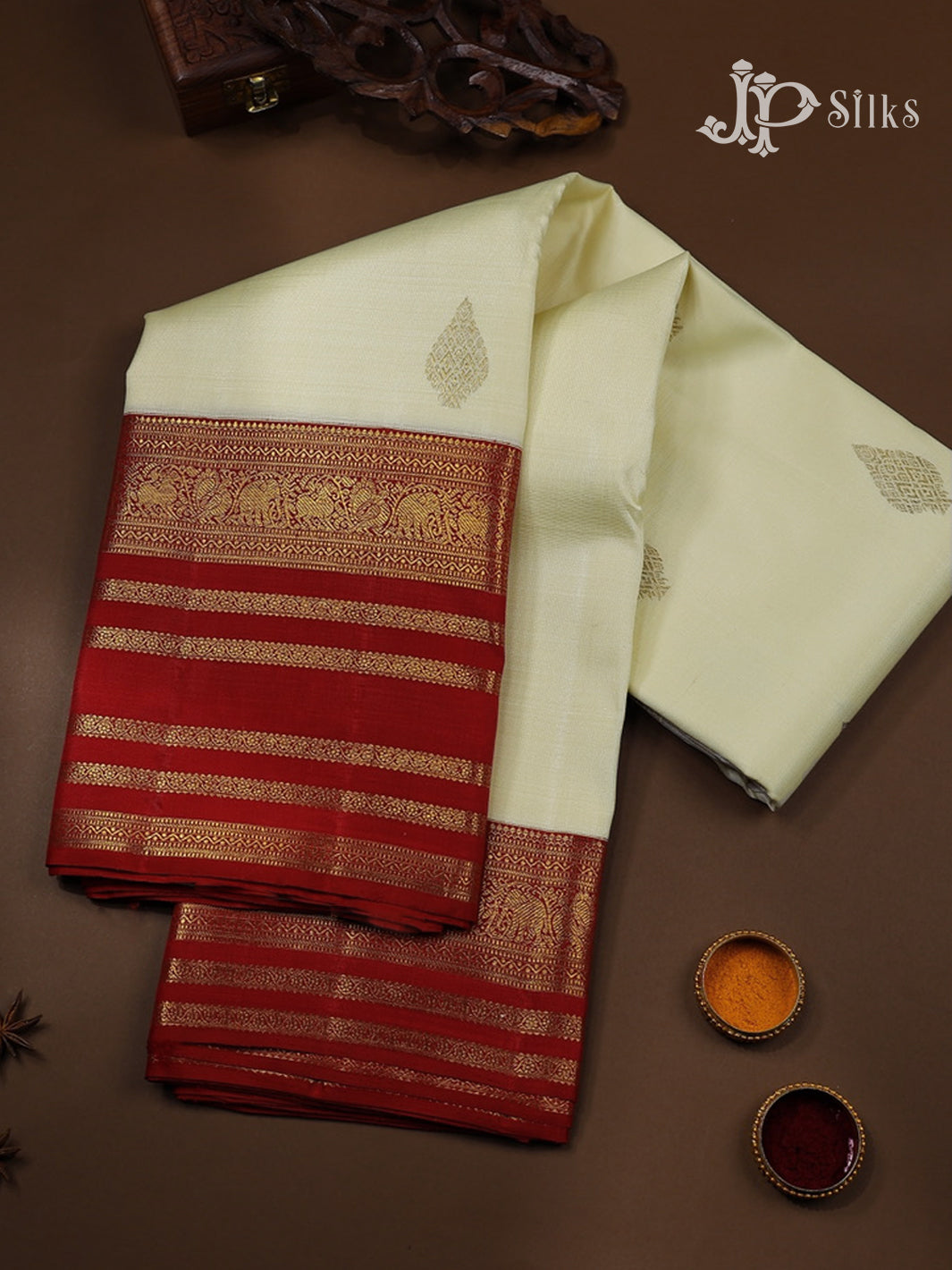 Beige and Red Kanchipuram Silk Saree - E5216 - View 1