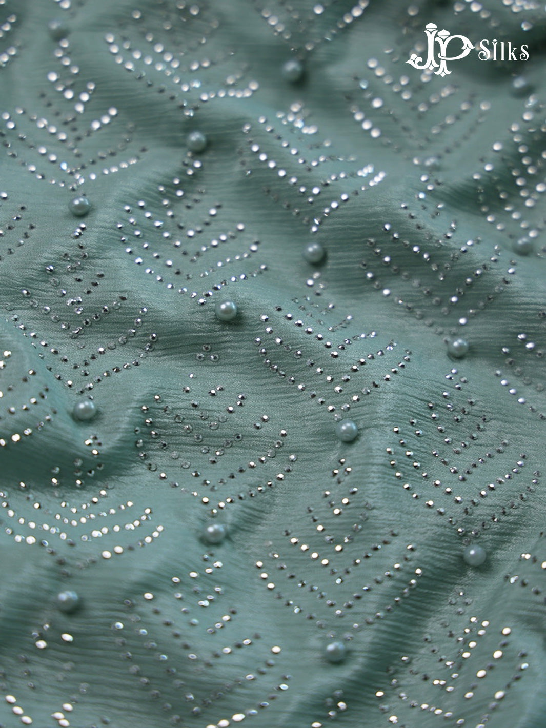 Teal Chiffon Fancy Saree with Leaf Design and Pearl - E5404 - View 7