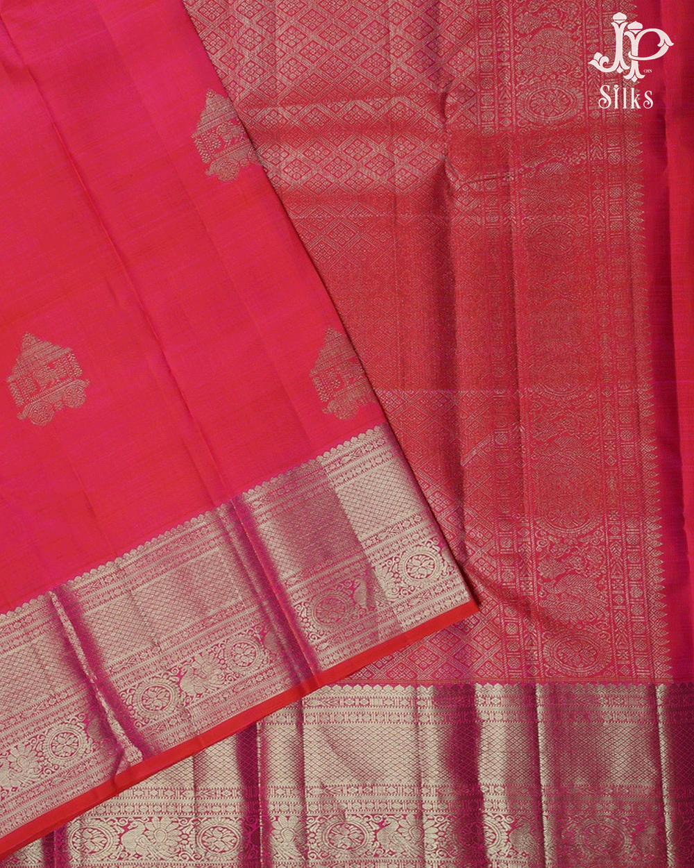 Pinkish Red Chariot Motifs Kanchipuram Silk Saree - F2 - View 1