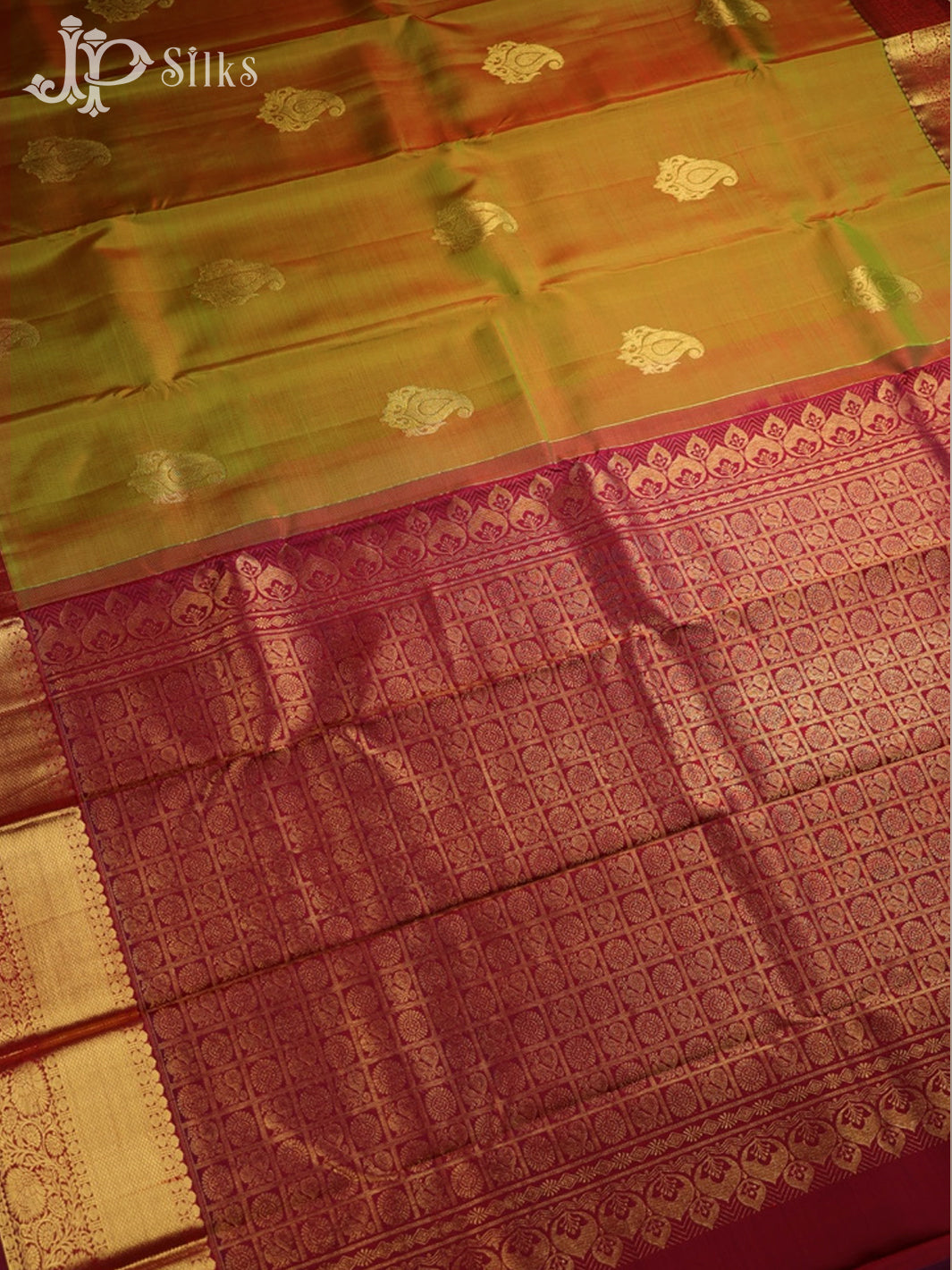 Mustard Green Dual Tone and Maroon Kanchipuram Silk Saree - D63