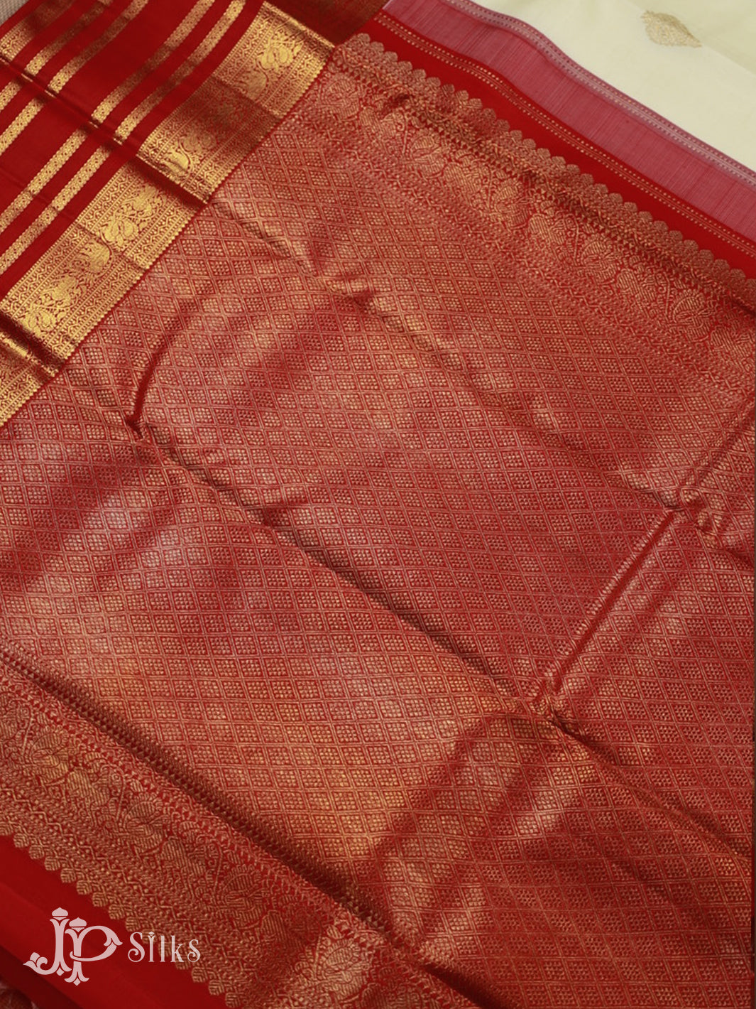 Beige and Red Kanchipuram Silk Saree - E5216 - View 5