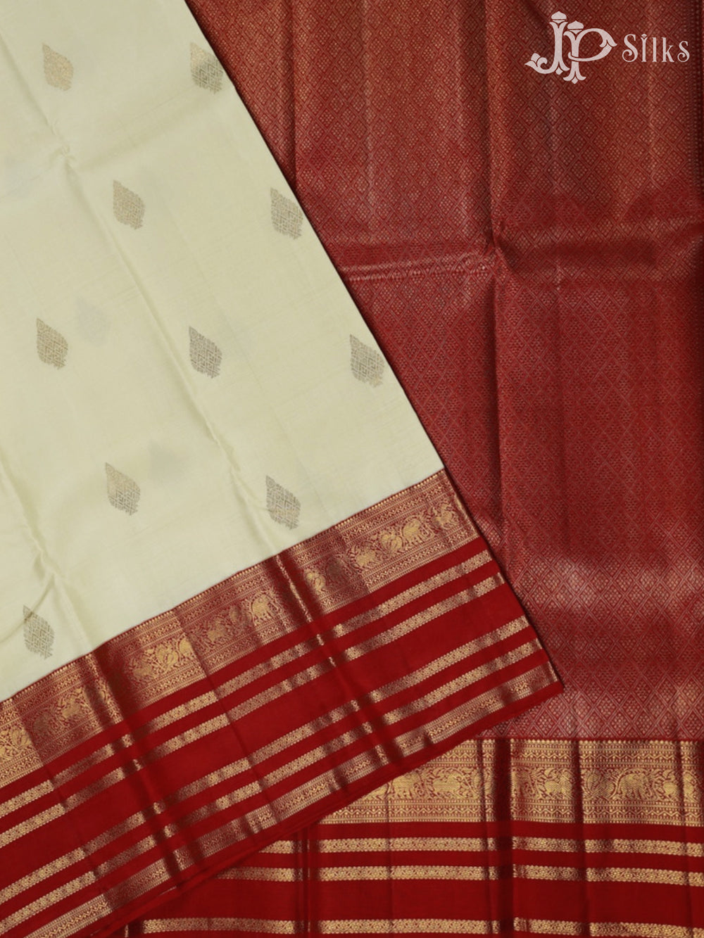 Beige and Red Kanchipuram Silk Saree - E5216 - View 2