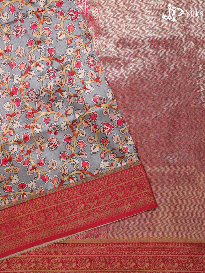 Grey and Hot Pink Semi banaras with Digital Prints Fancy Sarees - E4002 - View 1