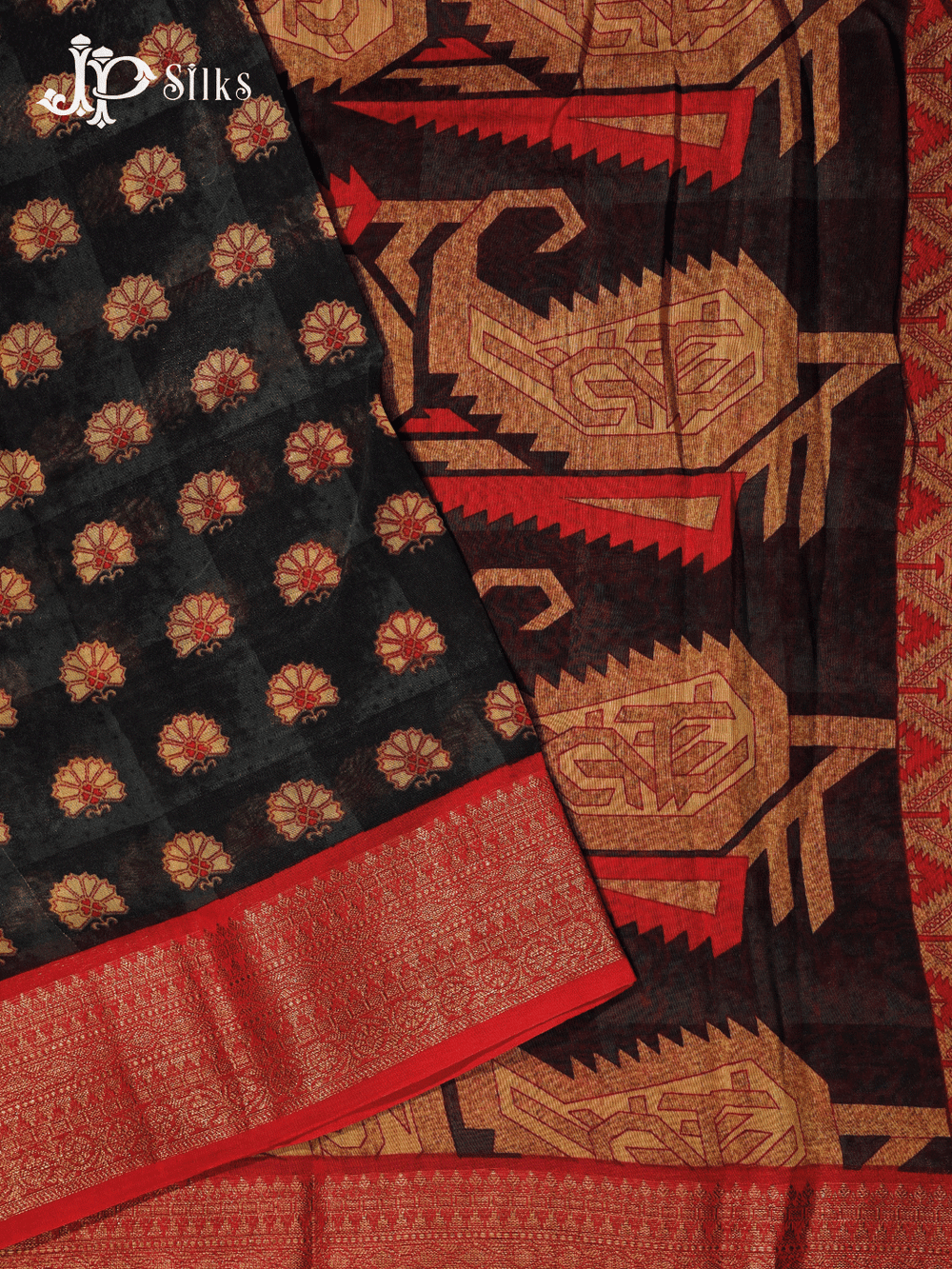 Black and Red Semi Chanderi Fancy Saree - E1582 - View 1