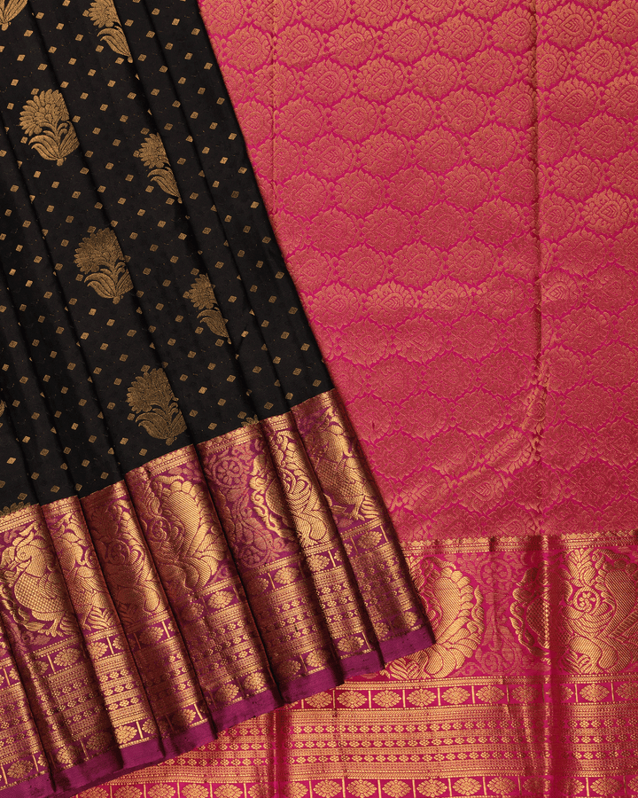 Black and Pink kanchipuram silk Saree - A6099 - View 2
