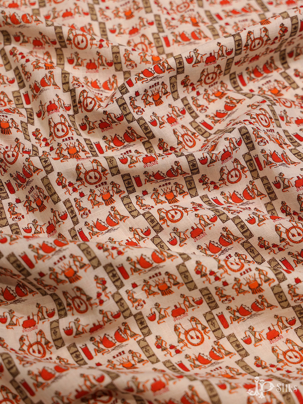 Off-White and orange Cotton Fabric - A6552
