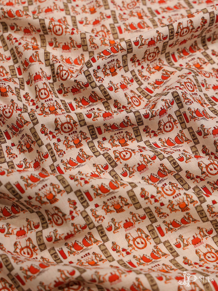 Off-White and orange Cotton Fabric - A6552