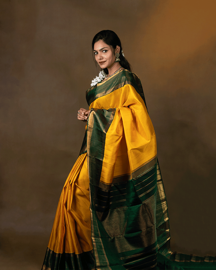 Lemon Yellow and Bottle Green Kanchipuram Silk Saree - E5215