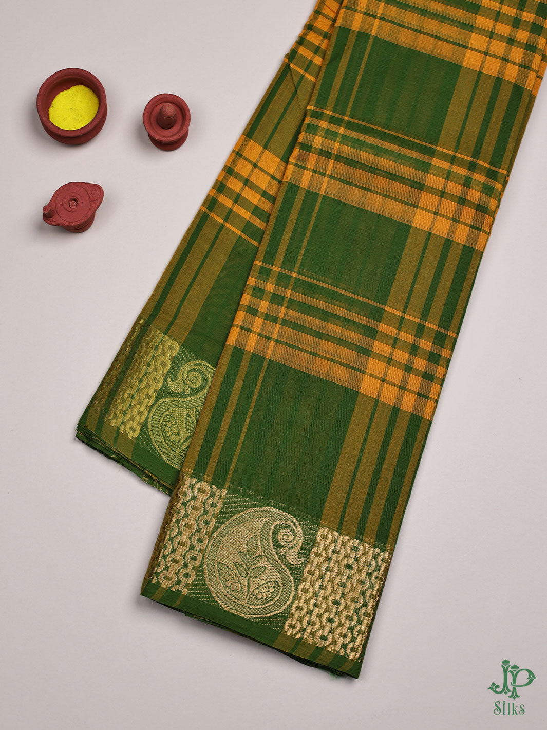 Green and Yellow Cotton Saree - D2542 - View 1